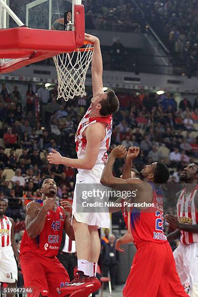 Dimitrios Agravanis, #16 of Olympiacos Piraeus in action during the 2015-2016 Turkish Airlines Euroleague Basketball Top 16 Round 14 game between...