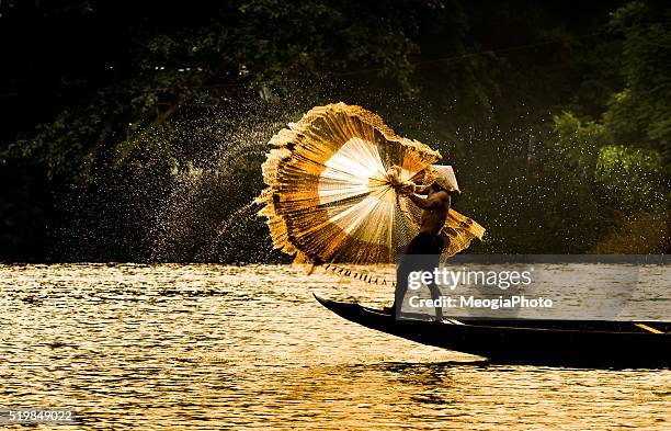 fisherman catch fish in the river in hue, vietnam. - central world stock-fotos und bilder