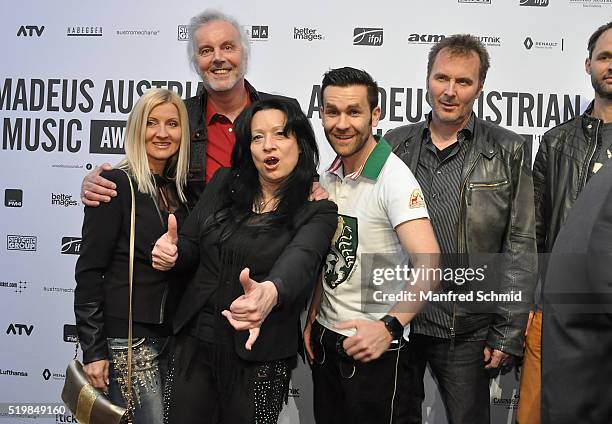 Alfred Jaklitsch, Astrid Wirtenberger, Sabine Holzinger of Die Seer pose during the Amadeus Austrian Music Award - Red Carpet at Volkstheateron April...