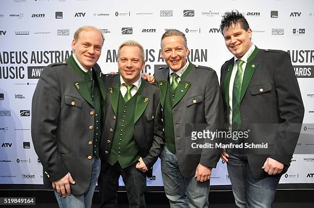 Andreas Doppelhofer, Fritz Kristoferitsch, Luigi Neuwirth and Manfred Maier of Edlseer pose during the Amadeus Austrian Music Award - Red Carpet at...