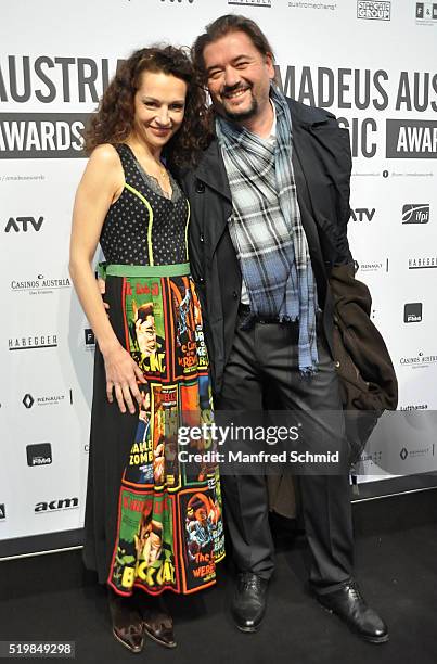 Eva K. Anderson and Harald Hanisch attend the Amadeus Austrian Music Award - Red Carpet at Volkstheater on April 3, 2016 in Vienna, Austria.