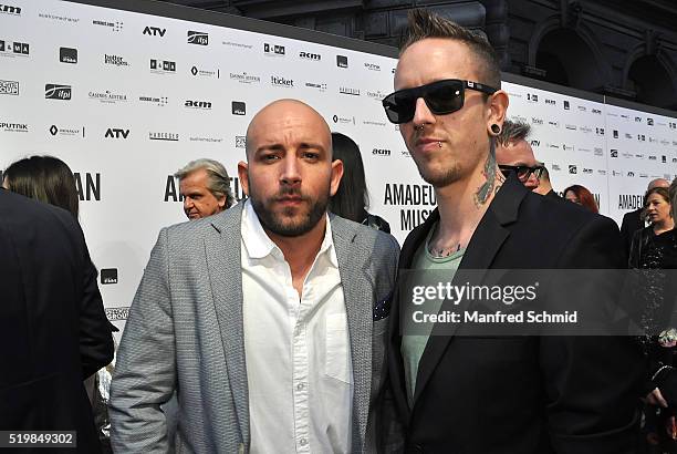 Christopher Seiler and Bernhard Speer of Seiler and Speer attend the Amadeus Austrian Music Award - Red Carpet at Volkstheater on April 3, 2016 in...