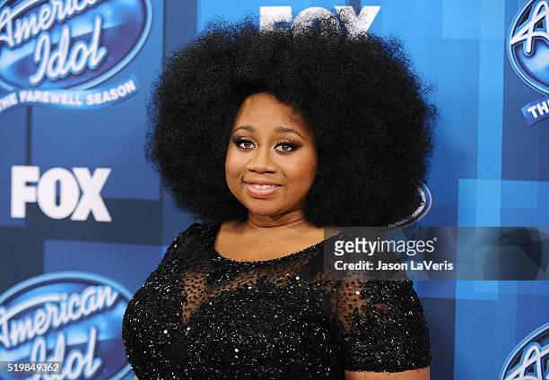 Singer La'Porsha Renae poses in the press room at FOX's "American Idol" finale for the farewell season at Dolby Theatre on April 7, 2016 in...