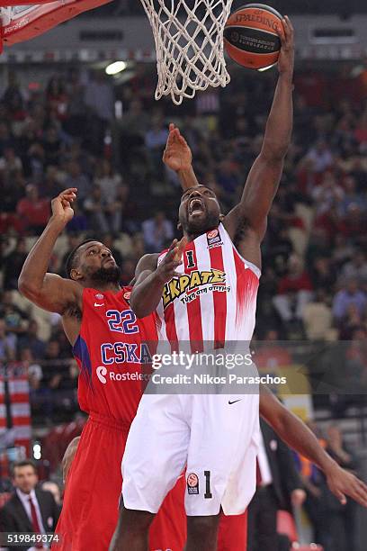 Darius Johnson-Odom, #1 of Olympiacos Piraeus competes with Cory Higgins, #22 of CSKA Moscow during the 2015-2016 Turkish Airlines Euroleague...