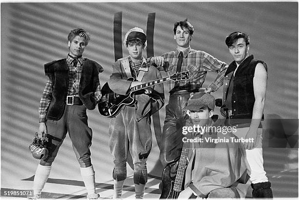 Steve Norman, Gary Kemp, Tony Hadley, Martin Kemp, John Keeble of Spandau Ballet during a video shoot for their single 'Instinction', 12th March 1982.