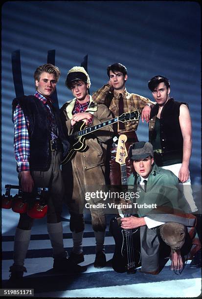 Steve Norman, Gary Kemp, Tony Hadley, Martin Kemp, John Keeble of Spandau Ballet during a video shoot for their single 'Instinction', 12th March 1982.