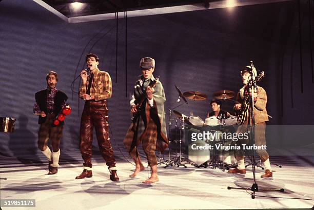 Steve Norman, Tony Hadley, Martin Kemp, John Keeble, Gary Kemp of Spandau Ballet during a video shoot for their single 'Instinction', 12th March 1982.