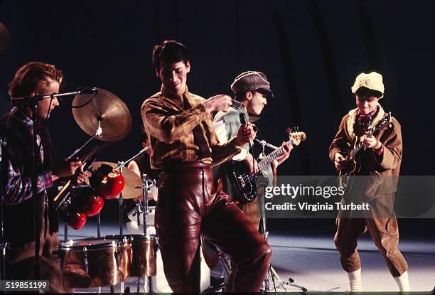 Steve Norman, Tony Hadley, Martin Kemp, Gary Kemp of Spandau Ballet during a video shoot for their single 'Instinction', 12th March 1982.