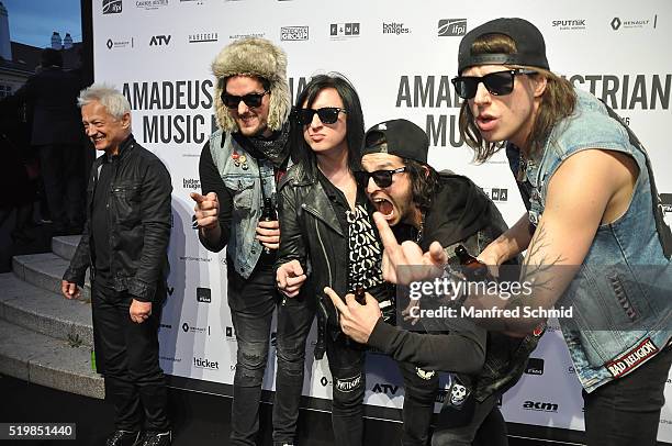 Marco Pogo, Doci Doppler, Baz Promueue, Fredi Fuezpappn of Turbobeer pose during the Amadeus Austrian Music Award - Red Carpet at Volkstheater on...