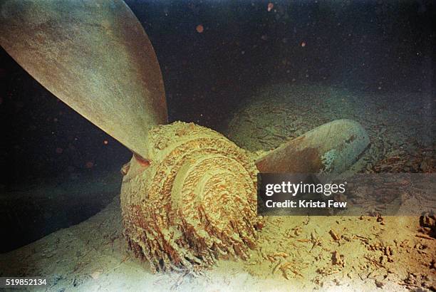 starboard wing propeller from titanic shipwreck - wrak stock-fotos und bilder