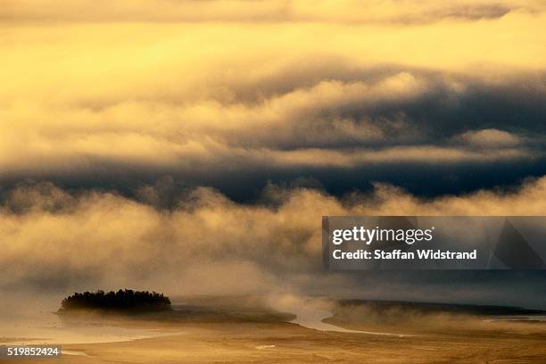 fog over the rapa river delta - nationalpark sarek stock-fotos und bilder