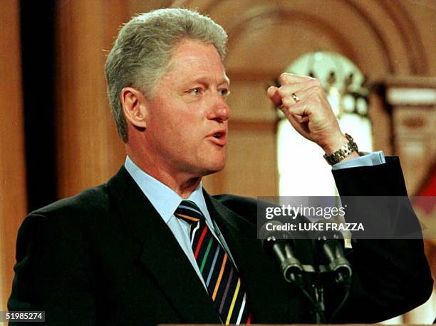 President Bill Clinton responds to a reporter's question about US Senator Bob Dole's criticism on Clinton's support of partial birth abortions, at...