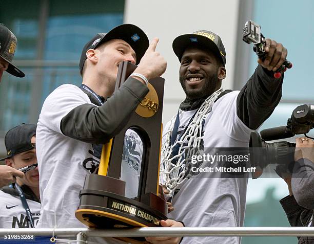 Ryan Arcidiacono and Daniel Ochefu of the Villanova Wildcats celebrate during the Villanova Wildcats Championship Parade on April 8, 2016 in...