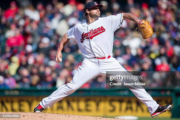Joba Chamberlain of the Cleveland Indians pitches during the eighth inning at the opening day game at Progressive Field on April 5, 2016 in...