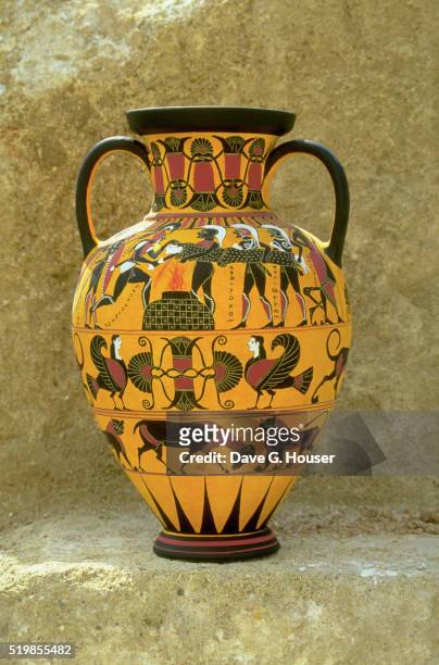 painted replica of greek amphora in black-figure style by kostas pappas - anfora fotografías e imágenes de stock