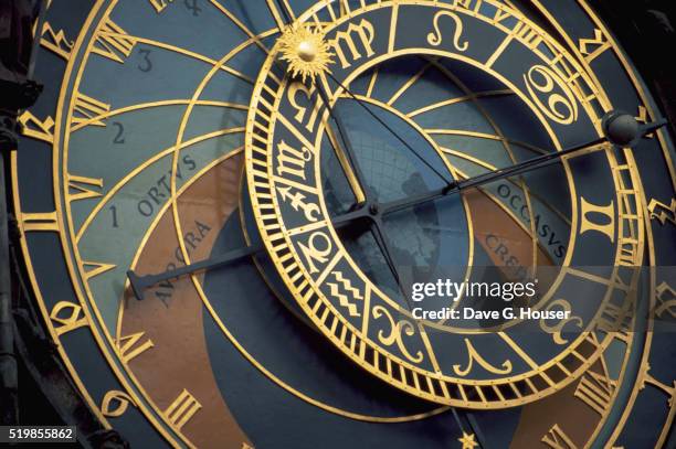 closeup of prague astronomical clock - prague clock stock pictures, royalty-free photos & images