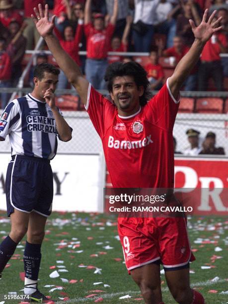 Jose Cardozo of Toluca celebrates his second goal during the game against Pachuca in the semifinals of the Winter tournament, in Toluca City, 08...
