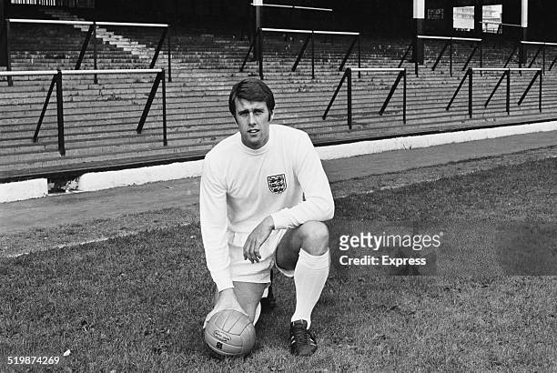 England international footballer, Geoff Hurst, in the strip the England national football team will wear in the 1970 FIFA World Cup, 1969.