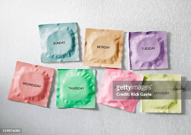 condoms for each day of week - condoom stockfoto's en -beelden