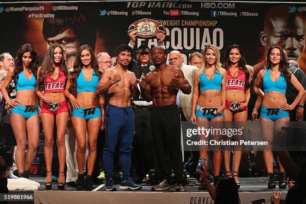 Manny Pacquiao and Timothy Bradley Jr. Pose during their official weigh-in at MGM Grand Garden Arena on April 8, 2016 in Las Vegas, Nevada. The two...