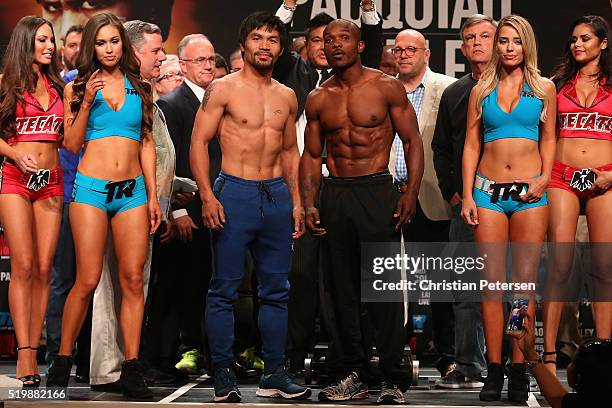 Manny Pacquiao and Timothy Bradley Jr. Pose during their official weigh-in at MGM Grand Garden Arena on April 8, 2016 in Las Vegas, Nevada. The two...