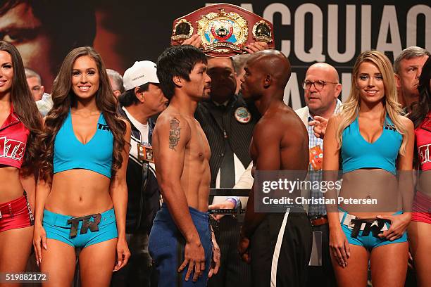 Manny Pacquiao and Timothy Bradley Jr. Face off during their official weigh-in at MGM Grand Garden Arena on April 8, 2016 in Las Vegas, Nevada. The...