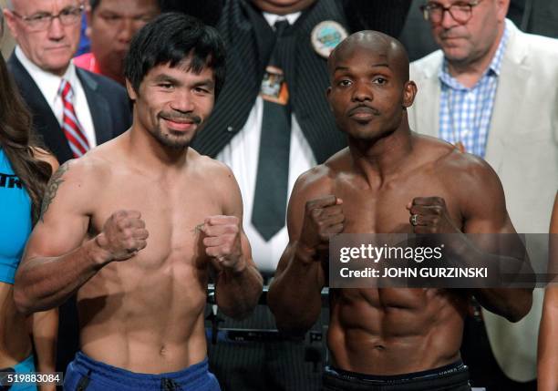 Boxers Manny Pacquiao and Timothy Bradley Jr. Weigh-in for their bout at the MGM Grand Arena in Las Vegas, Nevada on April 8, 2016. - Pacquiao and...