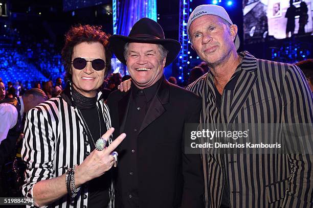 Musicians Glenn Hughes, Mickey Dolenz and Chad Smith attend the 31st Annual Rock And Roll Hall Of Fame Induction Ceremony at Barclays Center of...