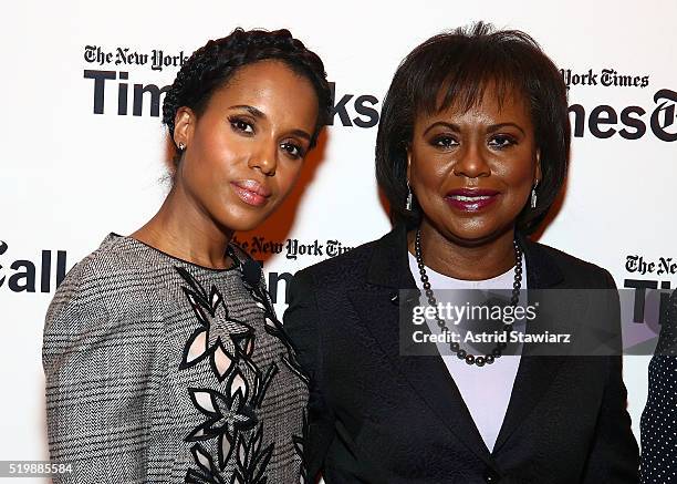 Attorney Kerry Washington and professor of law at Brandeis University, Anita Hill pose during TimesTalks Presents: Kerry Washington And Anita Hill...