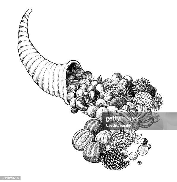 stockillustraties, clipart, cartoons en iconen met cornucopia or horn of amalthea black and white illustration - hoorn des overvloeds