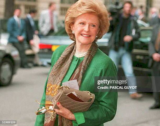 Ambassador to France, Pamela Harriman, smiles as she arrives for a meeting of 14 NATO and EU countries to discuss ways of protecting UN peacekeepers...