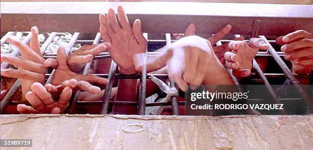 Parte de un grupo de 30 reclusos que permanece en una celda acondicinada para 10 detenidos sacan sus manos atraves de los barrotes en una de las...