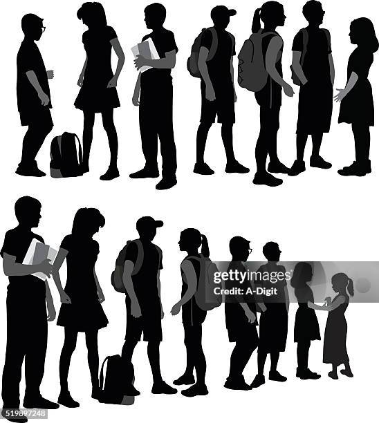 ilustraciones, imágenes clip art, dibujos animados e iconos de stock de escuela siluetas de niños en una fila - adolescencia