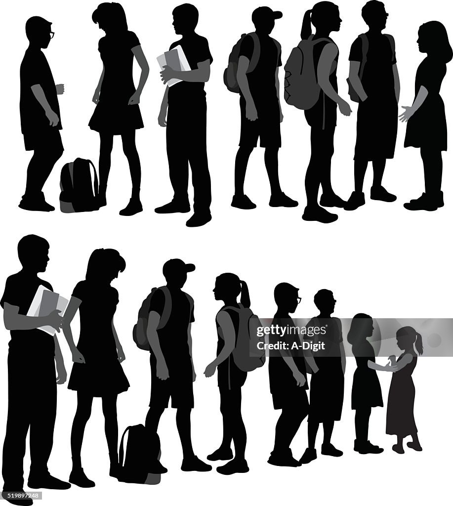 School Kids Silhouettes In A Row