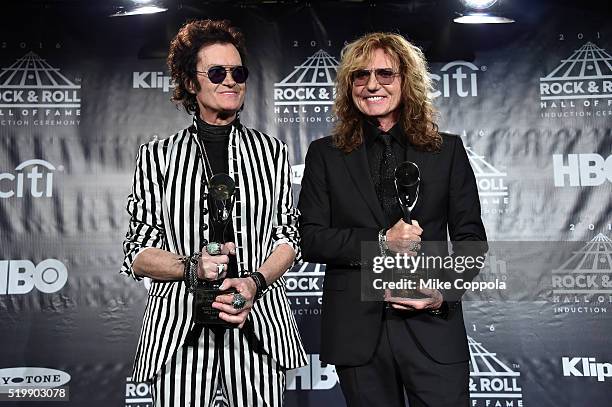 Glenn Hughes and David Coverdale of Deep Purple speak onstage at the 31st Annual Rock And Roll Hall Of Fame Induction Ceremony at Barclays Center of...