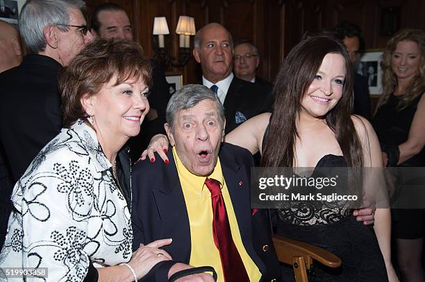 SanDee Pitnick, Comedian Jerry Lewis and Danielle Sarah Lewis attend the 90th Birthday of Jerry Lewis at The Friars Club on April 8, 2016 in New York...