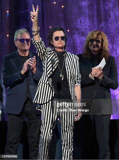 Ian Gillian, Glenn Hughes, and David Coverdale of Deep Purple speak on stage at the 31st Annual Rock And Roll Hall Of Fame Induction Ceremony at...