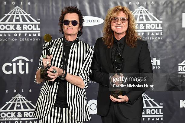 Glenn Hughes and David Coverdale of Deep Purple speak on stage at the 31st Annual Rock And Roll Hall Of Fame Induction Ceremony at Barclays Center on...