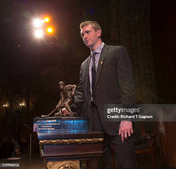 Jimmy Vesey of the Harvard Crimson wins the 2016 Hobey Baker Memorial Award ceremony at the Tampa Theatre on April 8, 2016 in Tampa, Florida.