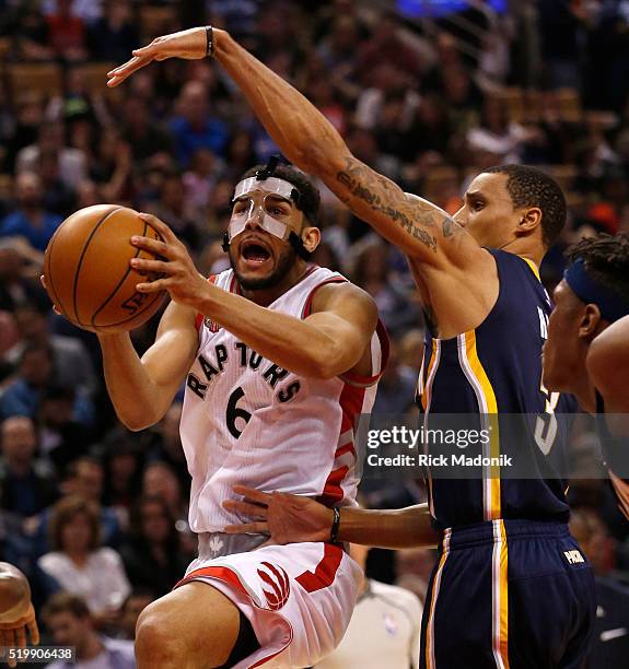 Indiana Pacers forward Myles Turner is called for the foul on Toronto Raptors guard Cory Joseph as he drives the lane. Toronto Raptors vs Indiana...