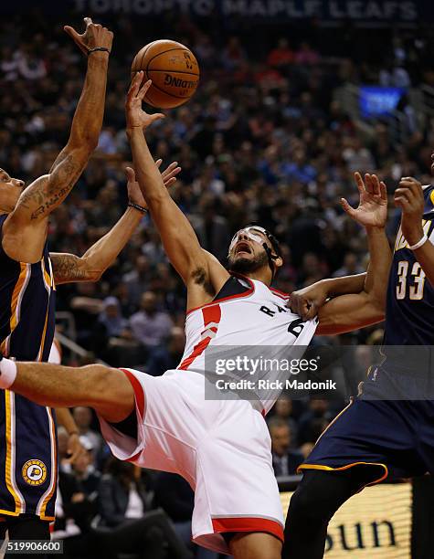 Toronto Raptors guard Cory Joseph is fouled by Indiana Pacers forward Myles Turner as he grabs his jersey. Toronto Raptors vs Indiana Pacers in1st...