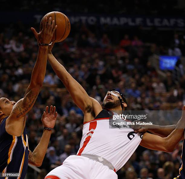 Toronto Raptors guard Cory Joseph is fouled by Indiana Pacers forward Myles Turner as he grabs his jersey. Toronto Raptors vs Indiana Pacers in1st...