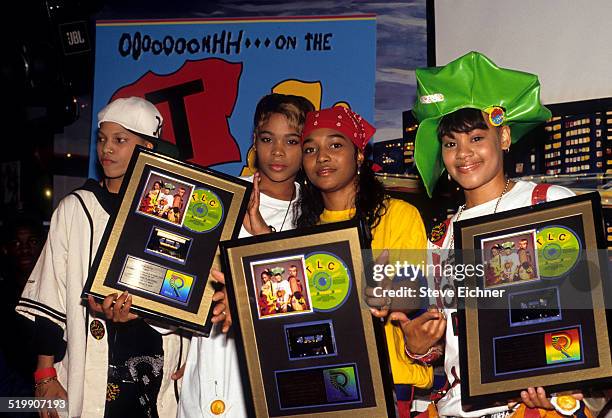 Tionne 'T-Boz' Watkins, Rozonda 'Chilli' Thomas, and Lisa 'Left Eye' Lopes of TLC at Gold record presentation, New York, April 15, 1992.