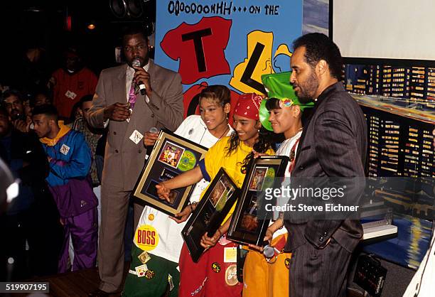 Tionne 'T-Boz' Watkins, Rozonda 'Chilli' Thomas, and Lisa 'Left Eye' Lopes of TLC at Gold record presentation, New York, April 15, 1992.