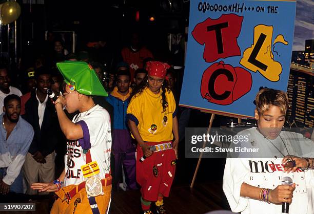 Tionne 'T-Boz' Watkins, Rozonda 'Chilli' Thomas, and Lisa 'Left Eye' Lopes of TLC at Gold record presentation, New York, April 15, 1992.