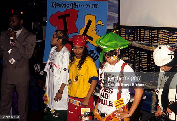 Tionne 'T-Boz' Watkins, Rozonda 'Chilli' Thomas, and Lisa 'Left Eye' Lopes of TLC at Gold record presentation, New York, April 15, 1992.