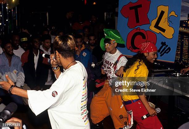 Tionne 'T-Boz' Watkins, Rozonda 'Chilli' Thomas, and Lisa 'Left Eye' Lopes of TLC at Gold record presentation, New York, April 15, 1992.