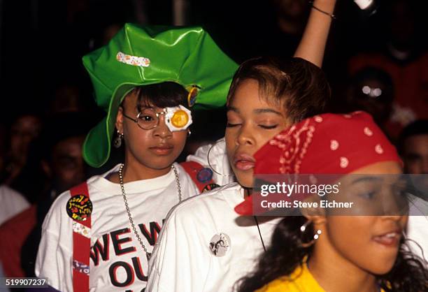 Tionne 'T-Boz' Watkins, Rozonda 'Chilli' Thomas, and Lisa 'Left Eye' Lopes of TLC at Gold record presentation, New York, April 15, 1992.