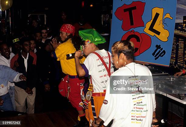 Tionne 'T-Boz' Watkins, Rozonda 'Chilli' Thomas, and Lisa 'Left Eye' Lopes of TLC at Gold record presentation, New York, April 15, 1992.