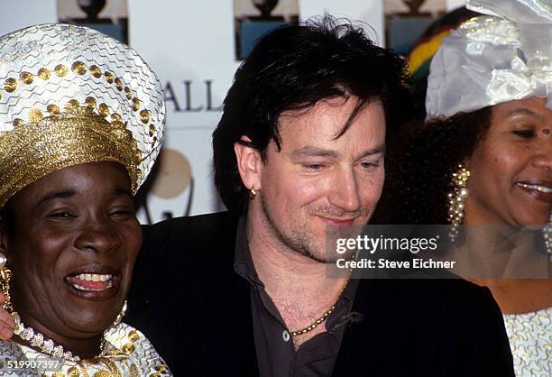 Rita Marley and Bono of U2 attend Rock and Roll Hall of Fame at Waldorf Astoria, New York, New York, January 19, 1994.